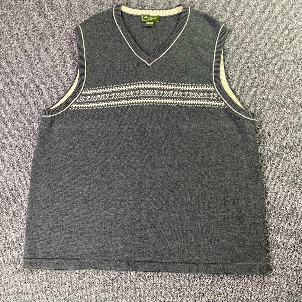 VTG Eddie Bauer Gray V-Neck Sweater Vest Fair Isle Grandpa Cabincore 90s Men's L